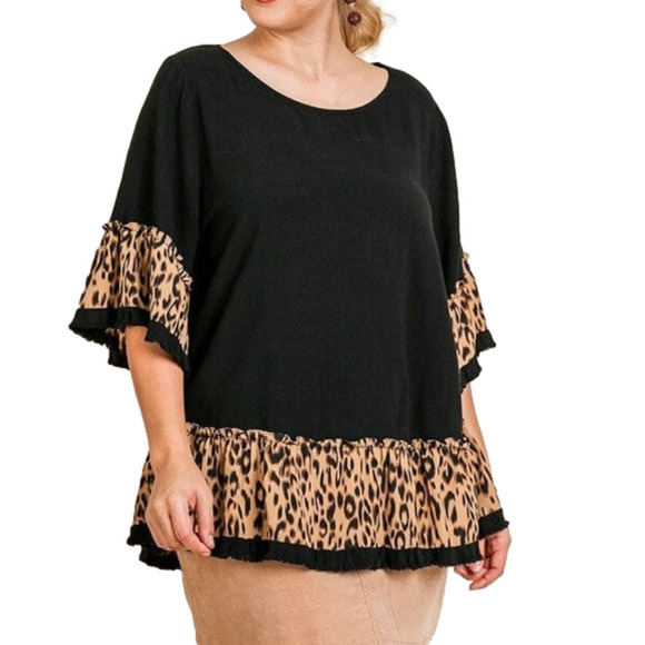 Umgee Tops - UMGEE Animal Print Bell Sleeve Ruffle Hem Top Blue Size 1X